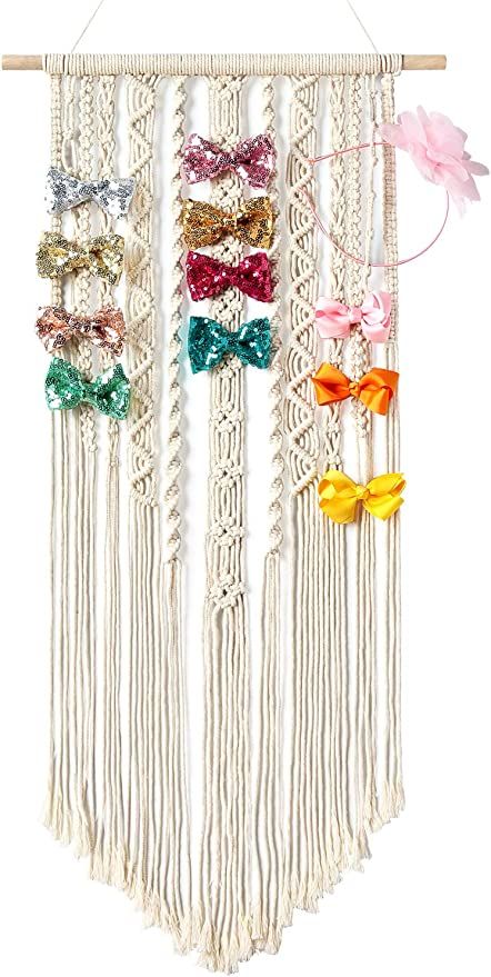 Mkono Macrame Hair Bow Holder Hanging Hair Clips Hanger Headband Storage Organizer Boho Wall Deco... | Amazon (US)