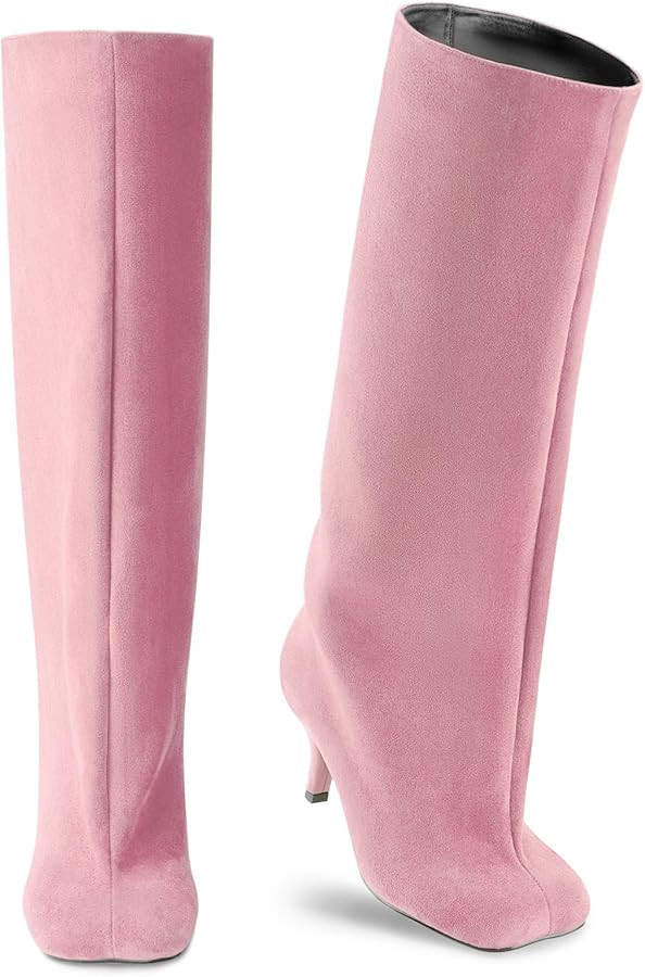 Oh Mispares Women's Nude Suede Knee High Boots - Square Toe Wide Calf Stiletto Low Heels - Fashio... | Amazon (US)