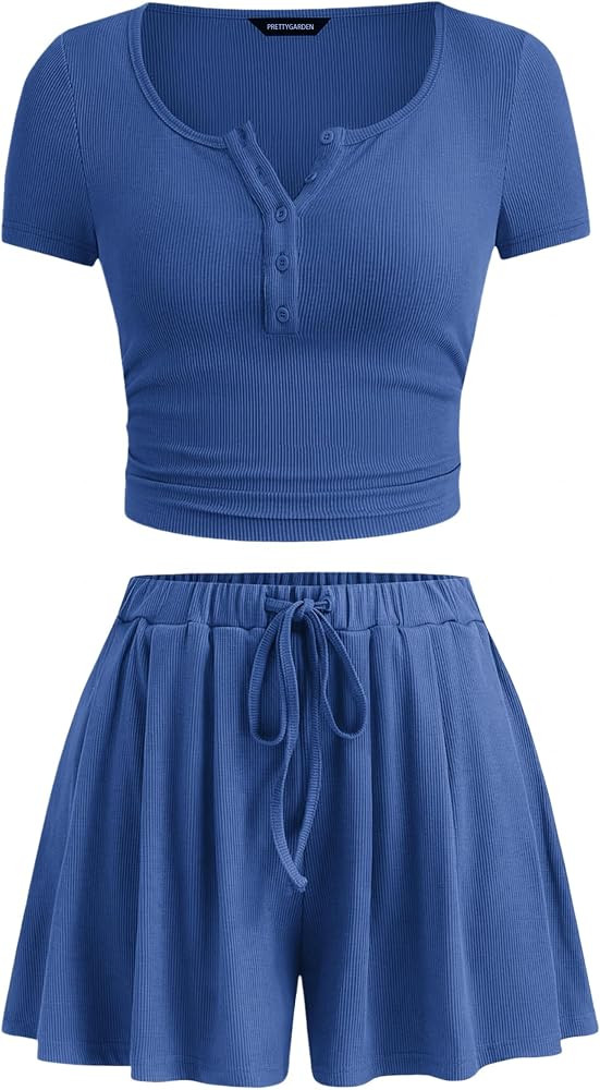 PRETTYGARDEN Workout Sets For Women 2026 Button Up Shirts Drawstring Shorts Set 2 Piece Lounge Se... | Amazon (US)