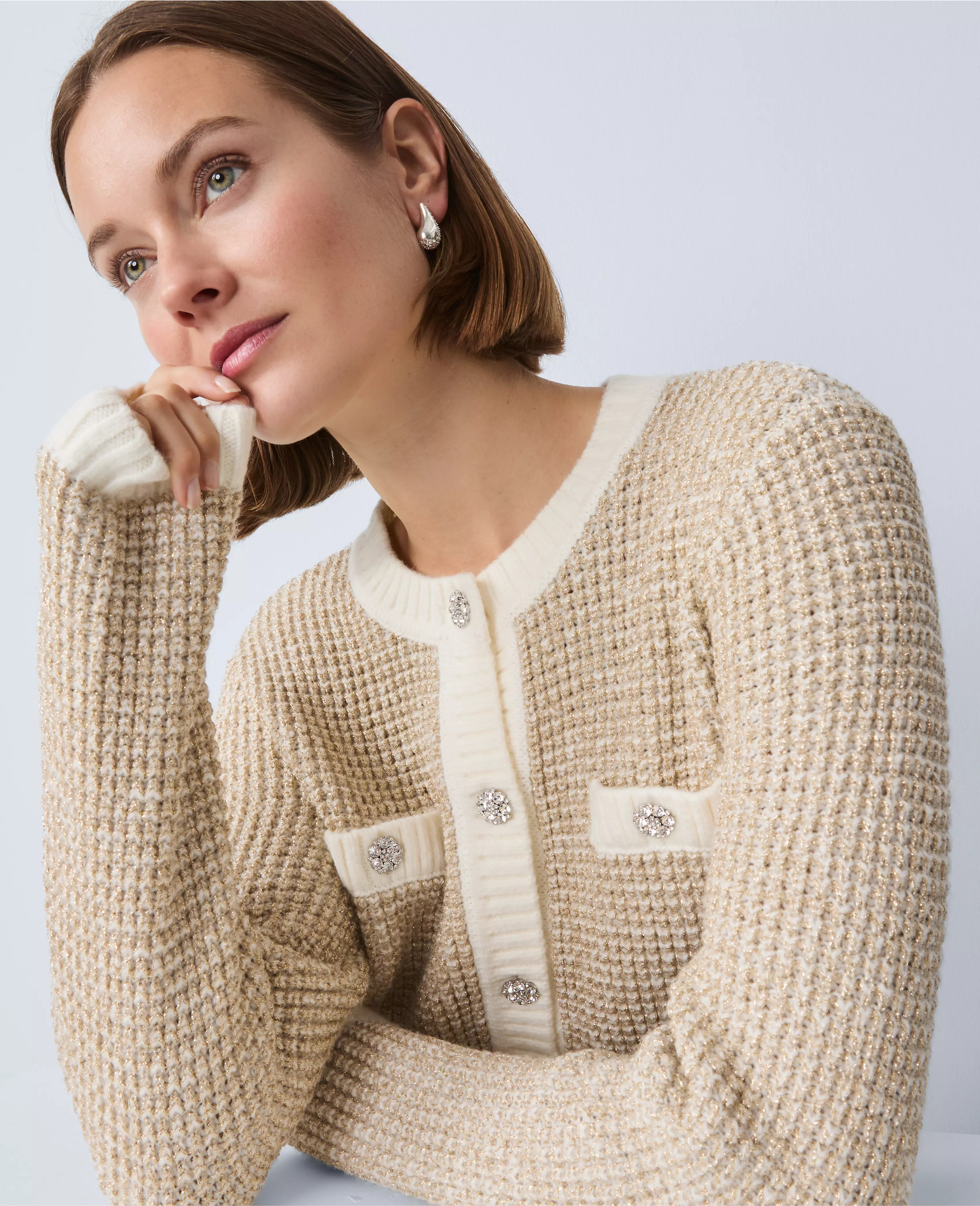 Metallic Waffle Knit Sweater Jacket | Ann Taylor