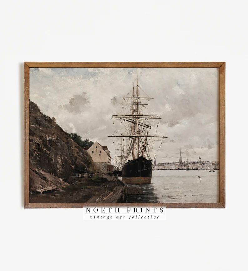 Vintage Nautical Ship Wall Decor Moody Harbor Painting Digital PRINTABLE 776 - Etsy | Etsy (US)
