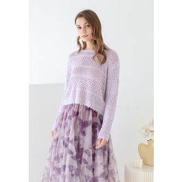 Scalloped Edge Hollow Out Knit Top in Lilac | Chicwish