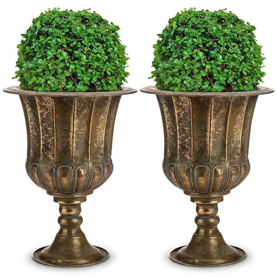 18.5" H Metal Urn Planters for Outdoor Plants, 2 Pcs Bronze Iron Plant Pots, Large Rustic Flower ... | Amazon (US)
