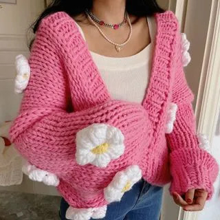 Flower Detail Open-Front Chunky Knit Cardigan White Flowers - Pink - One Size | YesStyle Global
