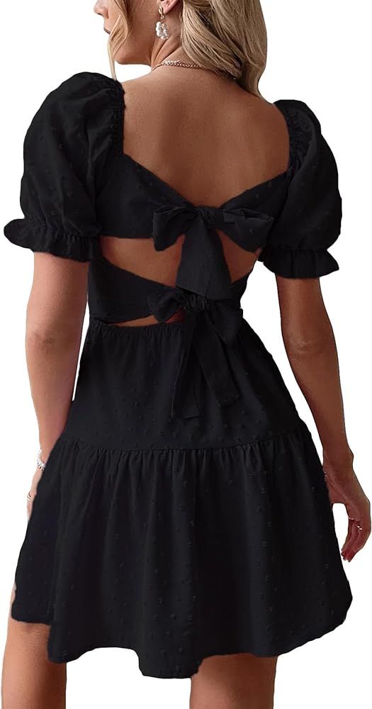 Women's Solid Short Sleeve Square Neck Ruffle Hem Mini Dress Tie Back High Waist A Line Dresses | Amazon (US)