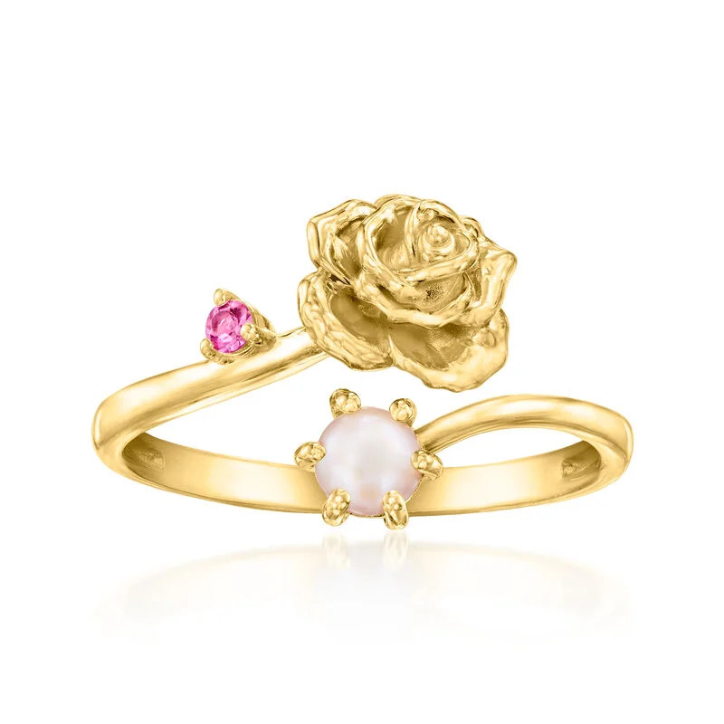 Rose Flower/June Birthstone Ring with 3.5-4mm Cultured Pearl and Single Rhodolite Garnet in 18kt ... | Ross-Simons