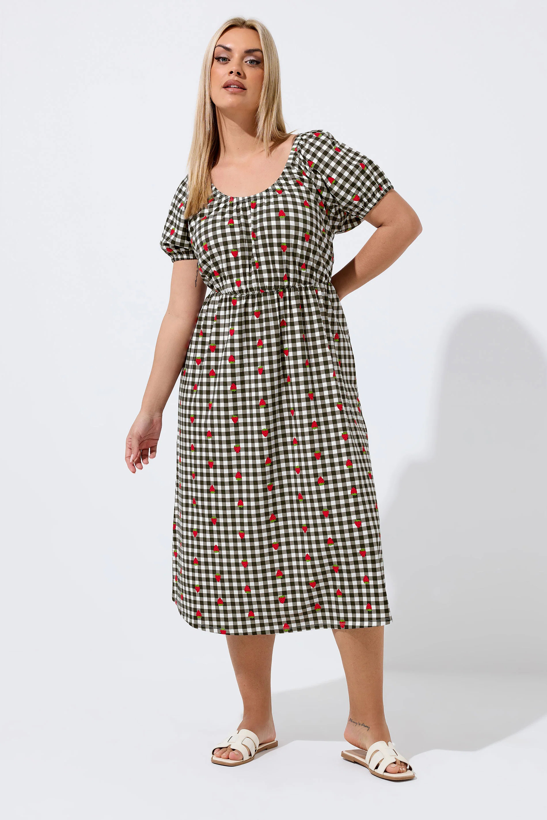LIMITED COLLECTION Plus Size Black Strawberry Gingham Bardot Dress | Yours Clothing UK