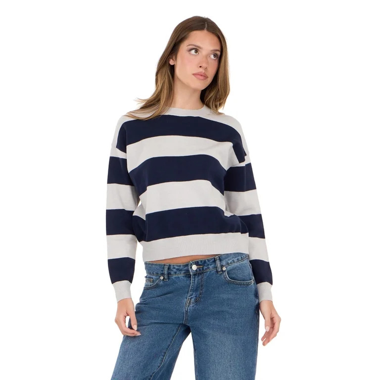 Forever 21 Women's Navy & Cream Preppy Sweater, Rugby Stripe Design for Cozy Fall Layering, L | Walmart (US)