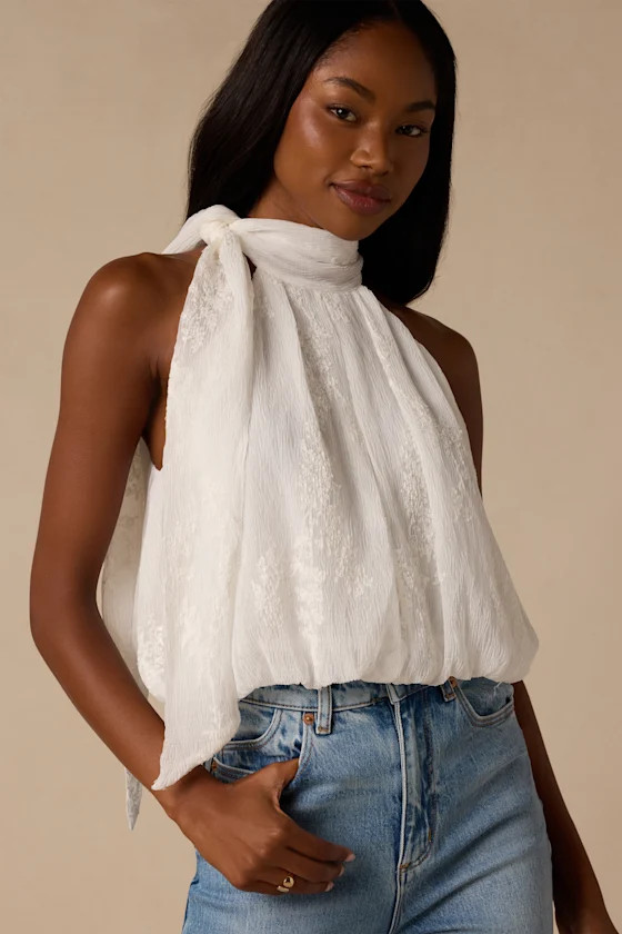 Charlie Ivory Textured Mock Neck Sash Top | Lulus