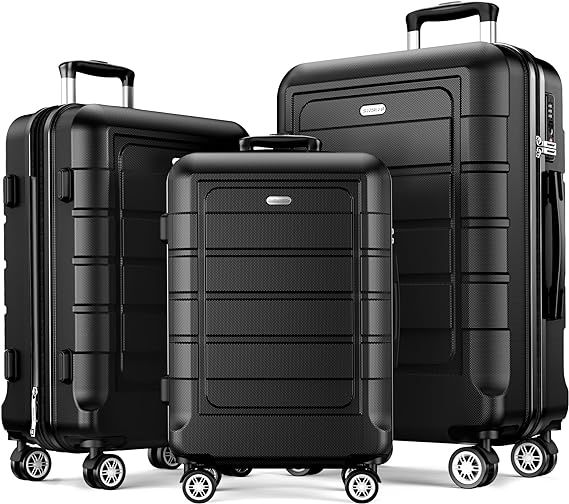 SHOWKOO Luggage Sets Expandable PC+ABS Durable Suitcase Double Wheels TSA Lock 3pcs Black | Amazon (US)