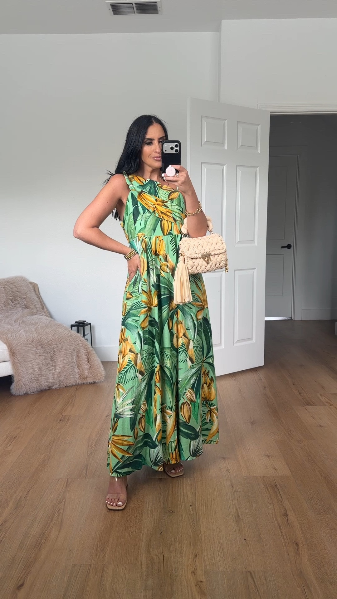 Farm Rio x Anthropologie asymmetric linen blend dress wearing size medium 