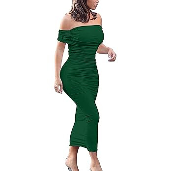 GOBLES Women's Ruched Off Shoulder Short Sleeve Bodycon Midi Elegant Cocktail Party Dress | Amazon (US)