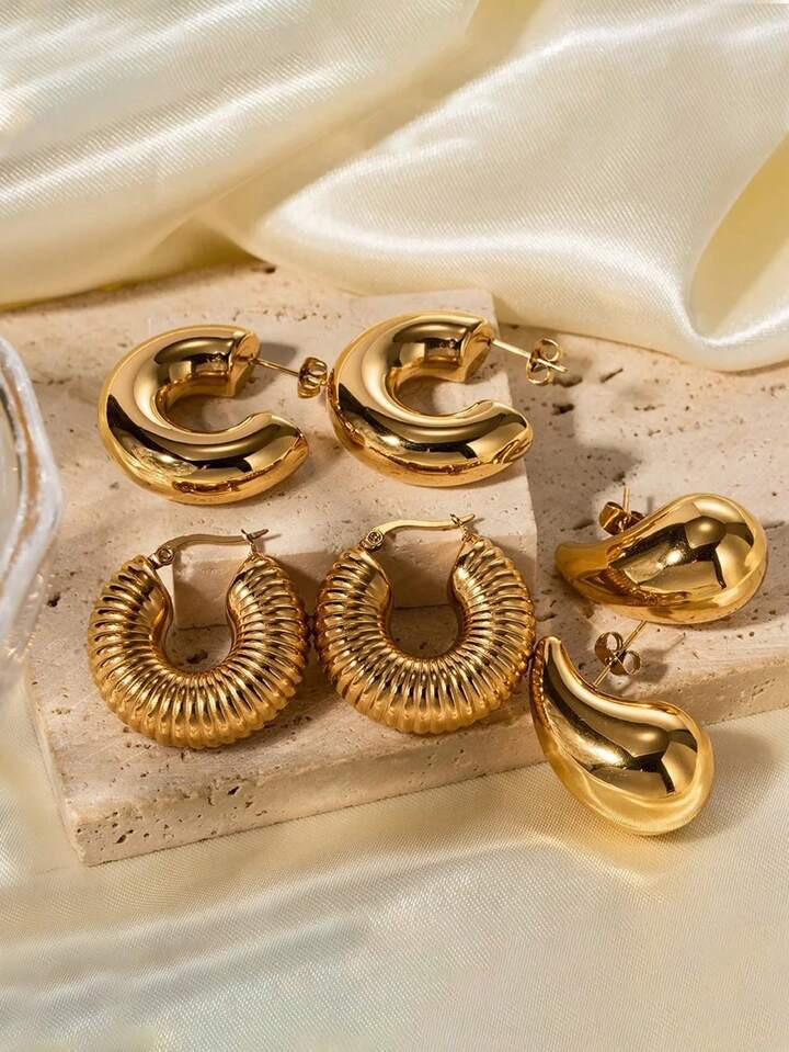 6pairs/set Geometric Hollow Out Stainless Steel Earrings For Women, Suitable For Parties And Dail... | SHEIN