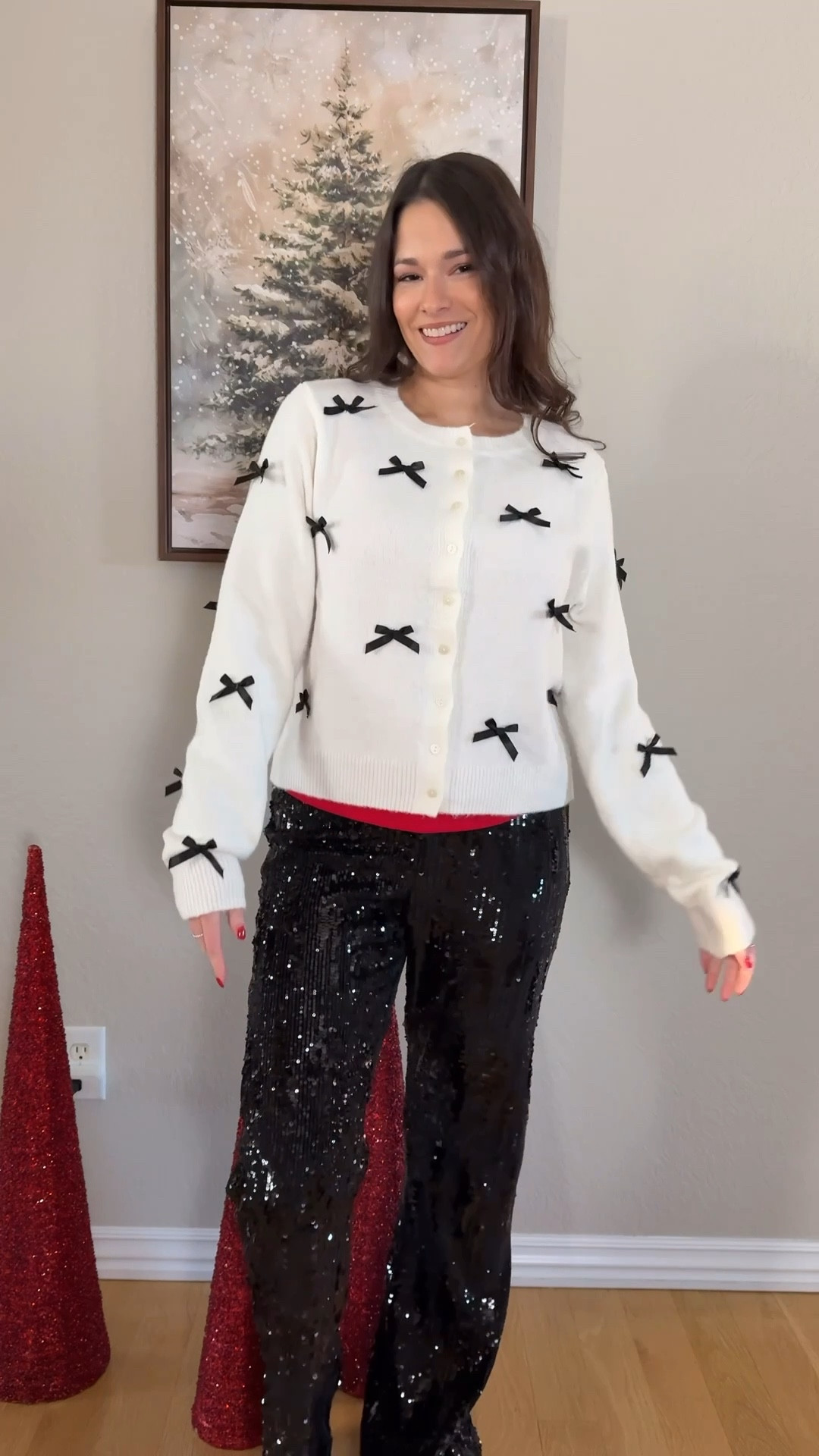 If you loved the sequin skirt I shared, you’re going to love these sequin pants! These add so much sparkle to any outfit. A bow cardigan, sequin pants, red bow heels, and a fur coat is giving all the holiday vibes ✨🎁

Holiday party outfit, red bows, bow sweater, black fur coat, festive vibes, winter outfit inspo, winter fashion, 
#holidaypartyoutfit #sequinpants #bowsweater #furcoat

#LTKgrwm #LTKHoliday #LTKFindsUnder50