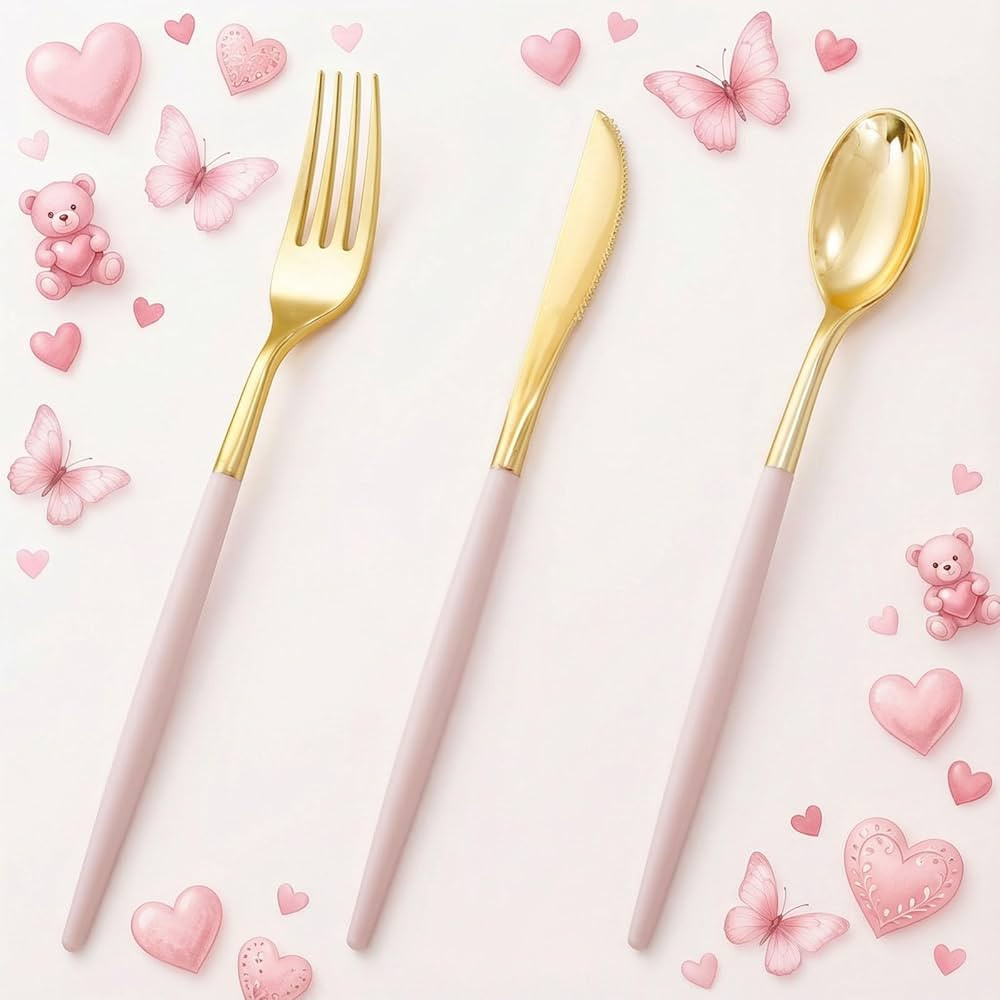 I00000 60 Pack Pink Plastic Silverware,Gold Disposable Flatware with Pink Handle, Gold Plastic Cu... | Amazon (US)