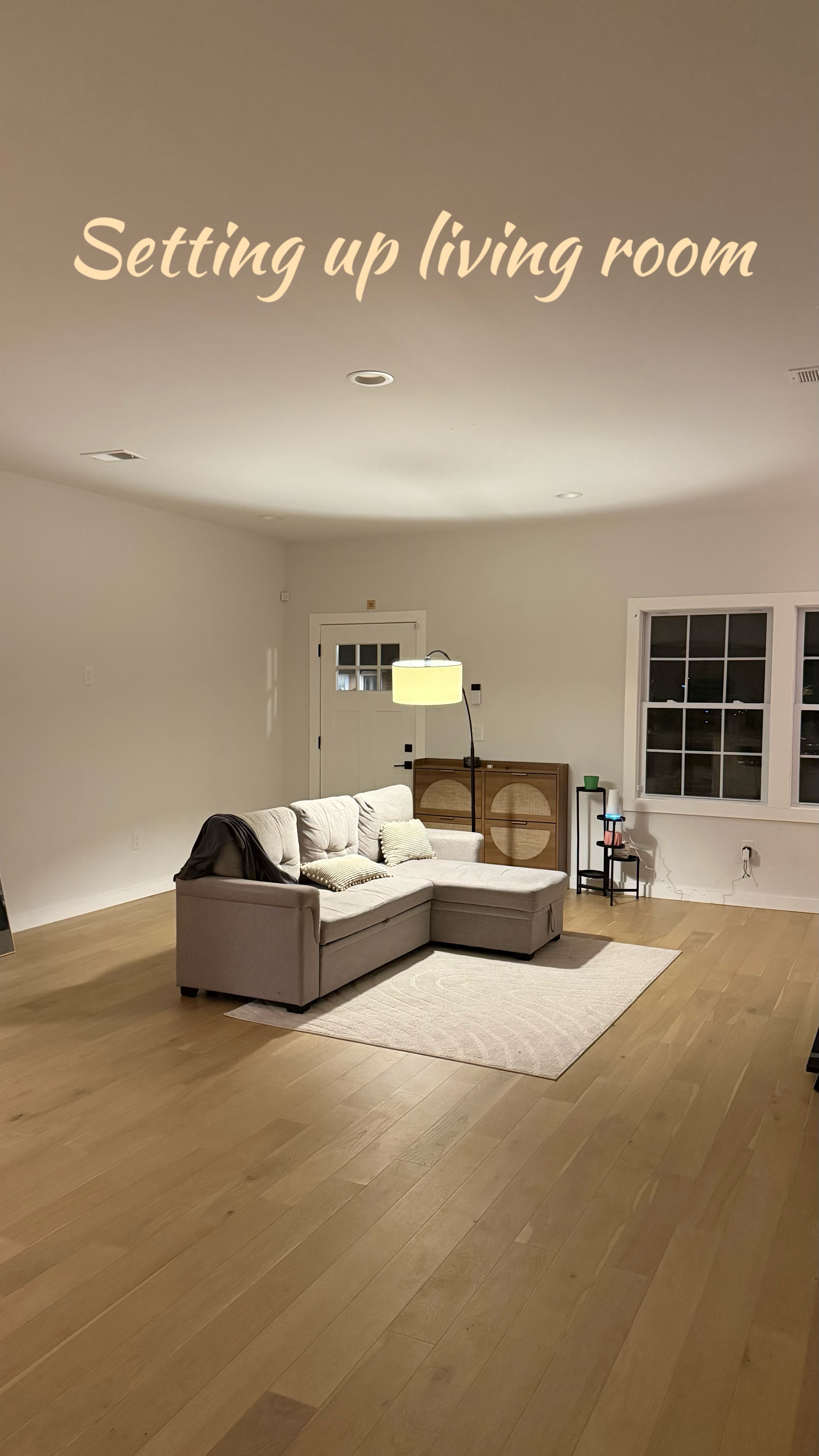 For now, we’re reusing everything from our old apartment — the sofa, rug, TV, and TV table. We decided to hold off on big purchases for this space because the bedroom and my beauty/office room were the top priority.

That said… this sofa definitely looks tiny here now — so we’ll slowly upgrade to a bigger one (and a larger rug too!). Eventually, all this will either be sold or moved upstairs.

If you want links to anything in this setup, comment “link” and I’ll DM you! :) 

#newhouse #newhome #homesetup #homeorganizing #livingroom #ltkhome