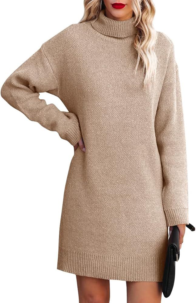 Loccysu Womens Turtleneck Oversized Sweater Dress Ribbed Knit Long Sleeve Soft Pullover Mini Dress | Amazon (US)