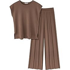 Ekouaer Lounge Sets for Women Two Piece Outfits Knit Cap Sleeve Tops Wide Leg Pleated Pants Casua... | Amazon (US)