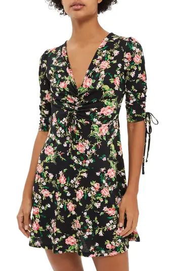 Petite Women's Topshop Floral Ruched Tea Dress, Size 2P US (fits like 0P) - Black | Nordstrom