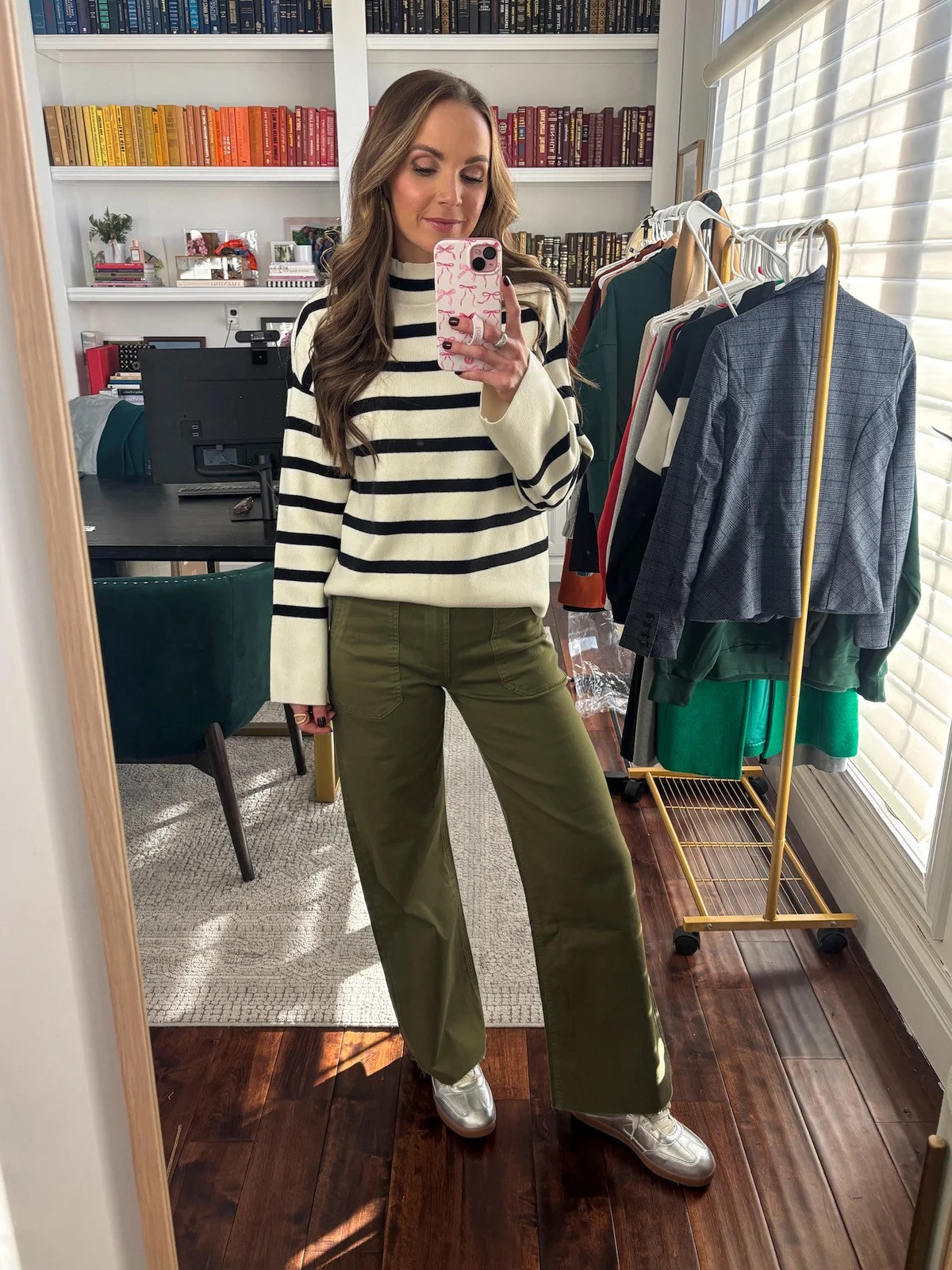@evereveofficial olive green utility pants + striped sweater with statement silver sneakers

#LTKSeasonal #LTKShoeCrush #LTKStyleTip