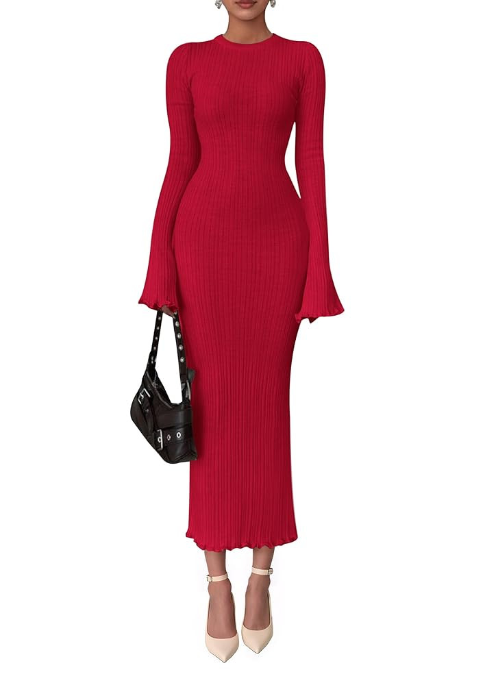 PRETTYGARDEN Sweater Dresses for Women 2025 Fall Bell Long Sleeve Crew Neck Bodycon Maxi Dress Wi... | Amazon (US)