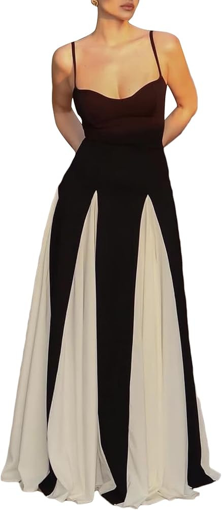 LETSVDO Women's Spaghetti Strap Color Block Dress Sleeveless Corset Patchwork Pleated Flowy Prom ... | Amazon (US)