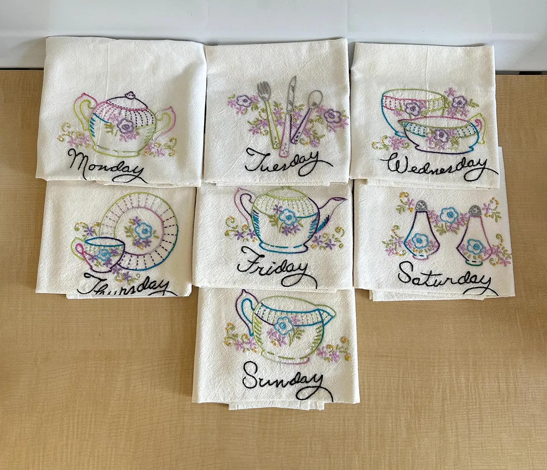 Vintage Hand Embroidered Tea Towels, 36" x 18" Handmade 1950s Kitchen, Days of the Week, Never Us... | Etsy (US)
