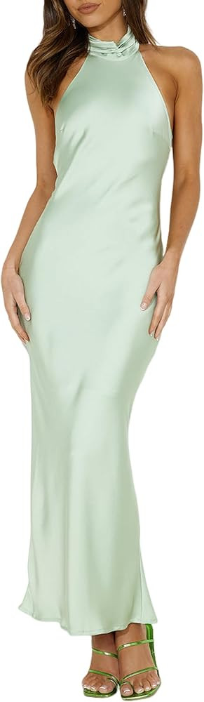 Sexy Satin Halter Neck Backless Maxi Dress for Women Elegant Tie Cowl Back Formal Wedding Guest D... | Amazon (US)