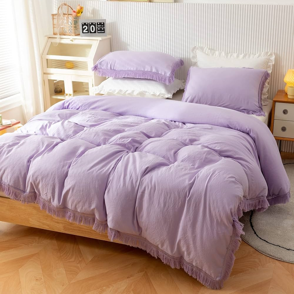 Smoofy 3Pcs Fringe Lavender Purple Tassel Comforter Set Queen Boho Bohemian Cute Soft Tufted Micr... | Amazon (US)