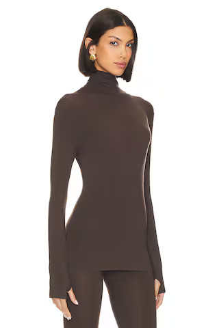 Norma Kamali Slim Fit Long Sleeve Turtle Top in Chocolate from Revolve.com | Revolve Clothing (Global)