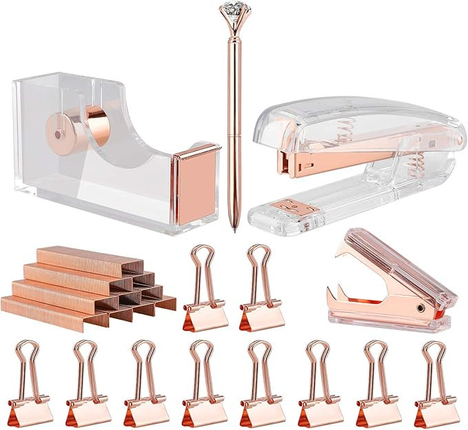 KIDMEN Rosegold Desk Accessory Kit,Set of Stapler, Staple Remover,1000pcs Staples,Tape Dispenser,... | Amazon (US)