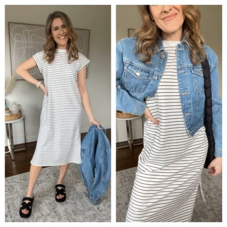 Target short sleeve dress, great quality fabric, the style is relaxed and boxy which I like—it’s comfy and cool. This would be great for travel. Cute with sandals or sneakers. Size down a full size in these sandals (designer inspired!). Jacket tts small on sale today only!! 

#LTKsalealert #LTKxTarget #LTKfindsunder50