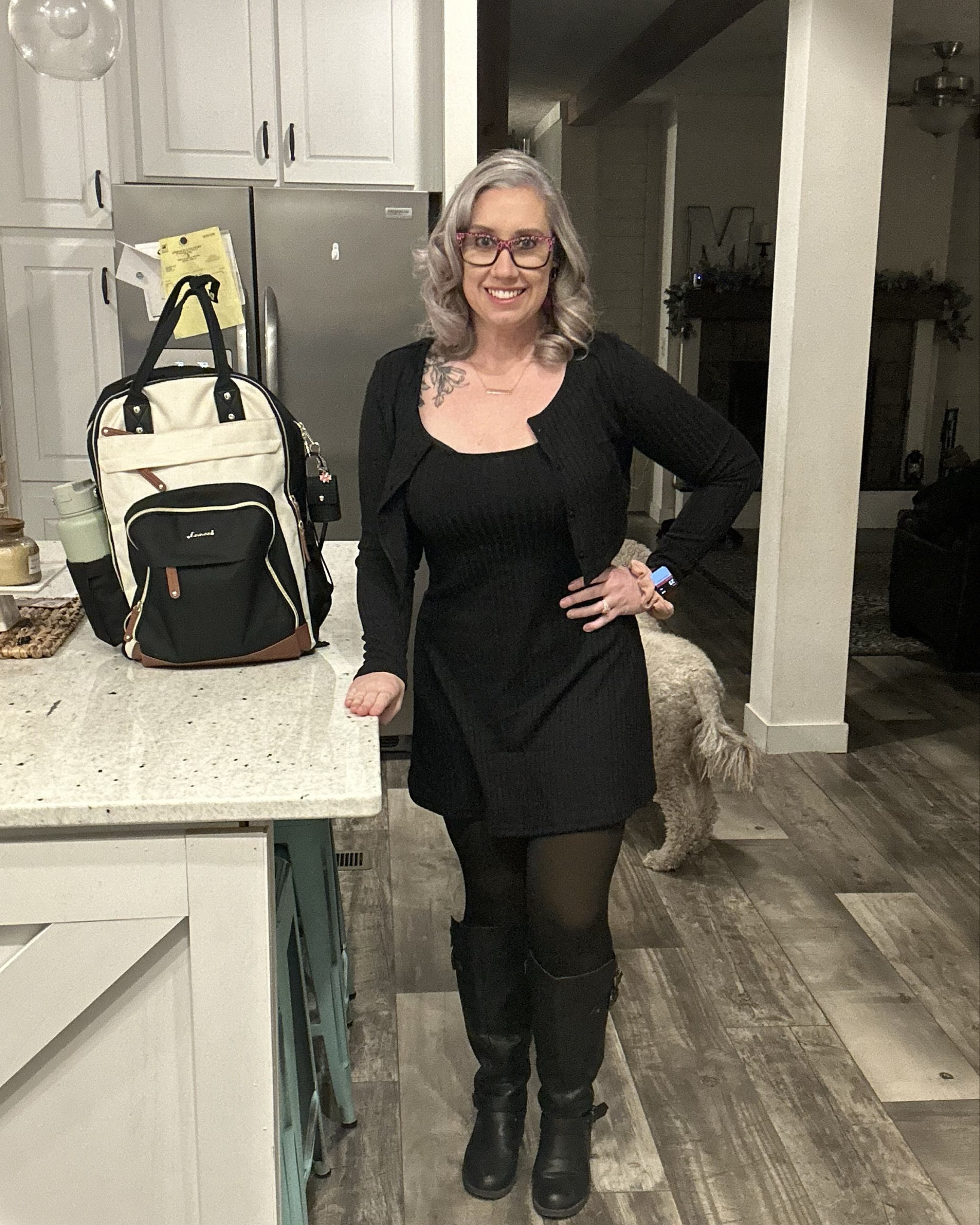 Only have the dress linked here, because boots and leggings are Amazon  