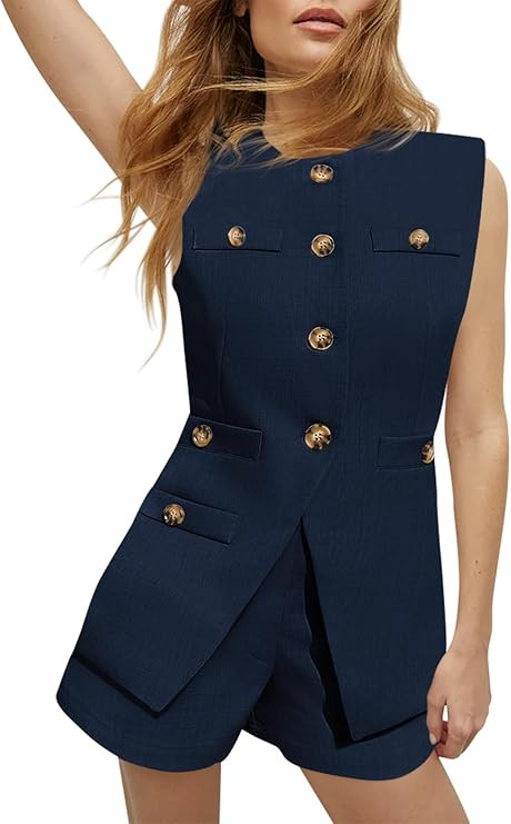 Tankaneo Womens 2 Piece Outfits Casual Suit Sets Sleeveless Button Down Blazer Vest Shorts Office... | Amazon (US)