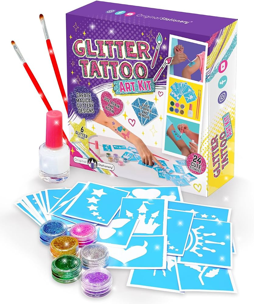 Original Stationery 33-Piece Glitter Tattoo Set for Kids, Face and Skin-Friendly with 24 Stencil ... | Amazon (US)