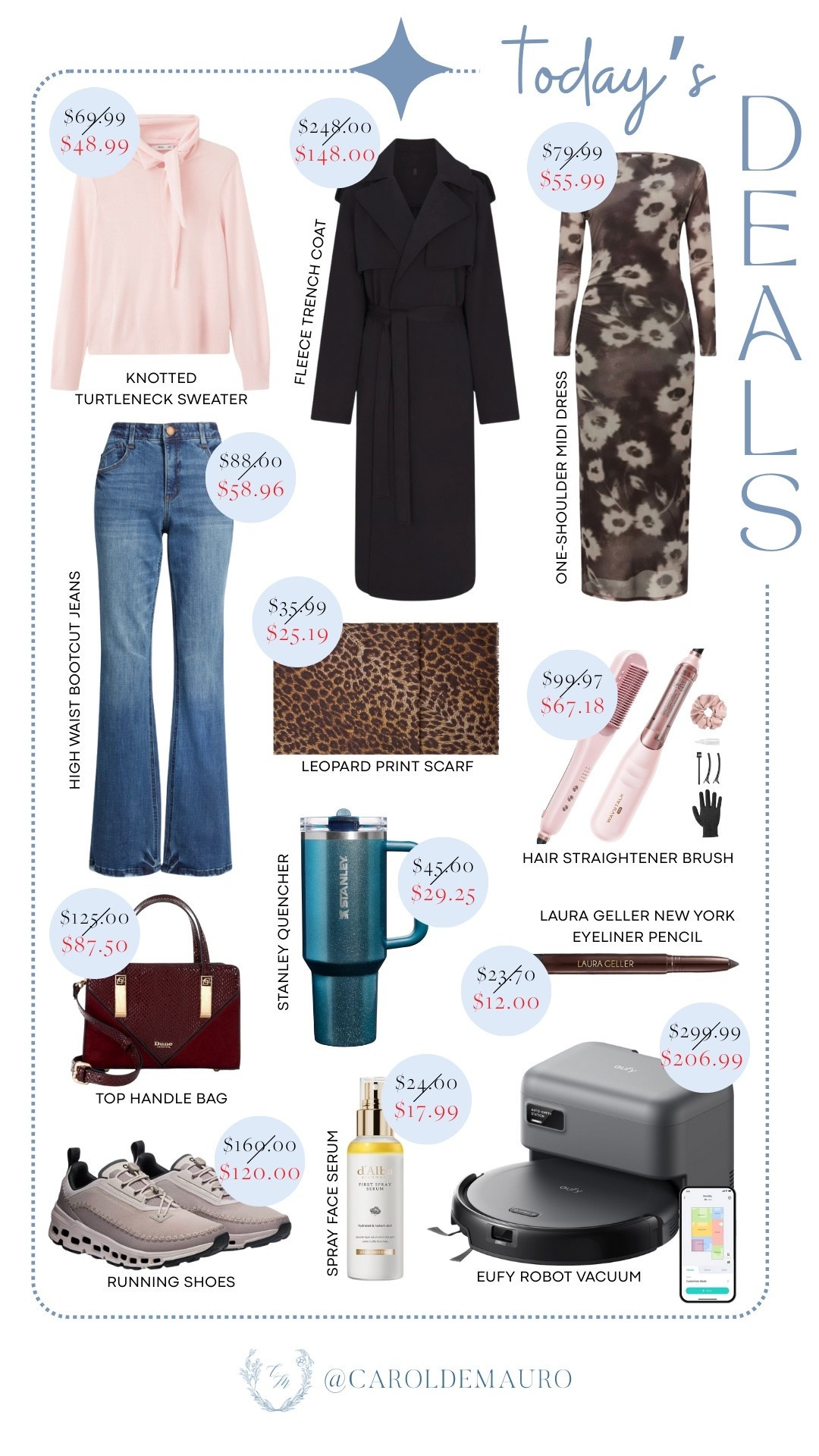 Today’s finds include a knotted turtleneck sweater, a fleece trench coat, a one-shoulder midi dress, high waist bootcut jeans, a leopard print scarf, a hair straightener brush, a top handle bag, a Stanley Quencher, a Laura Geller New York eyeliner pencil, running shoes, a spray face serum, and the Eufy robot vacuum. All easy picks for everyday outfits, beauty routines, and home upgrades.

fashion finds, on sale now, beauty favorites, home essentials, everyday must haves, outfit ideas

#LTKSeasonal #LTKU #LTKBeauty