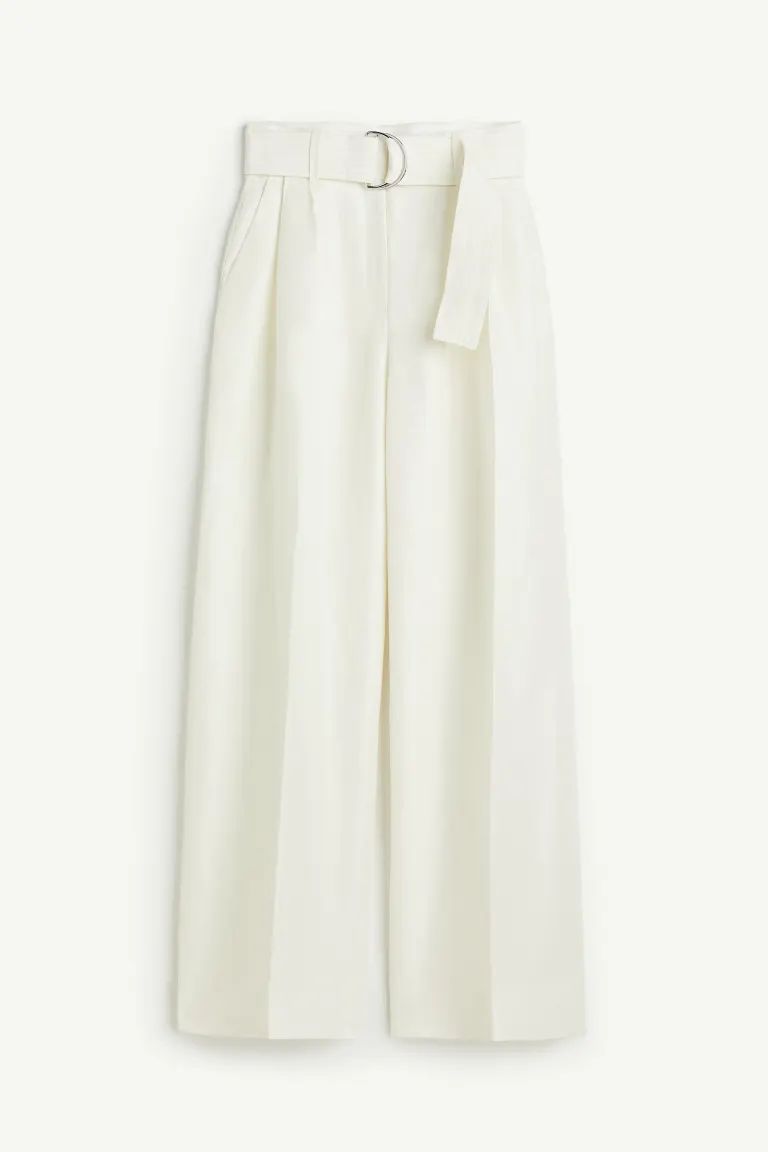 Linen-blend belted trousers - High waist - Extra-long legs - White - Ladies | H&M GB | H&M (UK, MY, IN, SG, PH, TW, HK)