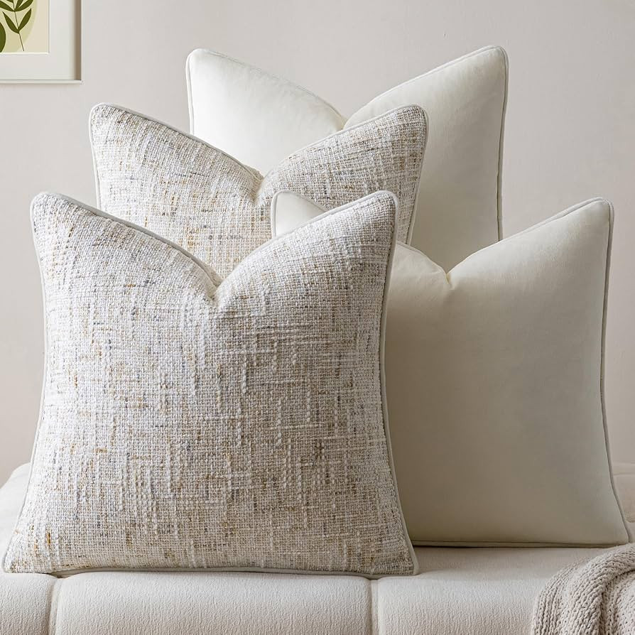 a moment Beige 4 Pack Throw Pillow Covers - Chenille & Velvet Set with Piping, Farmhouse Textured... | Amazon (US)