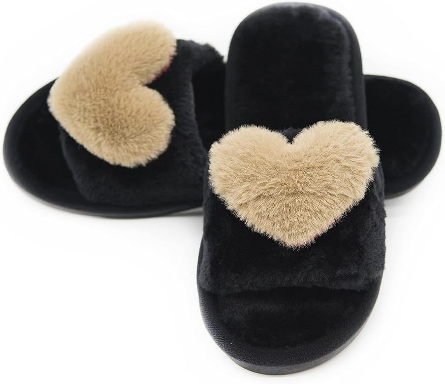 Crazy Lady Women's Fuzzy Fluffy Furry Fur Slippers Flip Flop Open Toe Cozy House Memory Foam Sandals | Amazon (US)