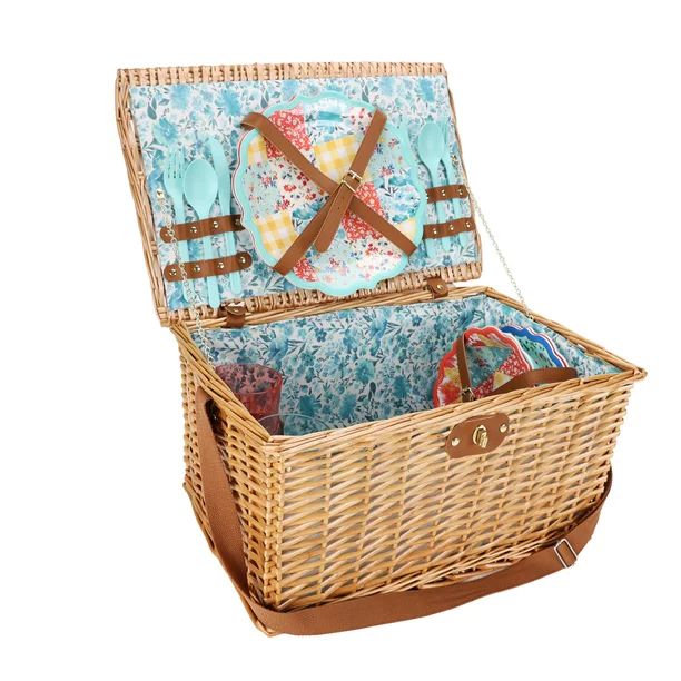 The Pioneer Woman 15-Piece Service for Two Patchwork Medley Picnic Basket Set - Walmart.com | Walmart (US)