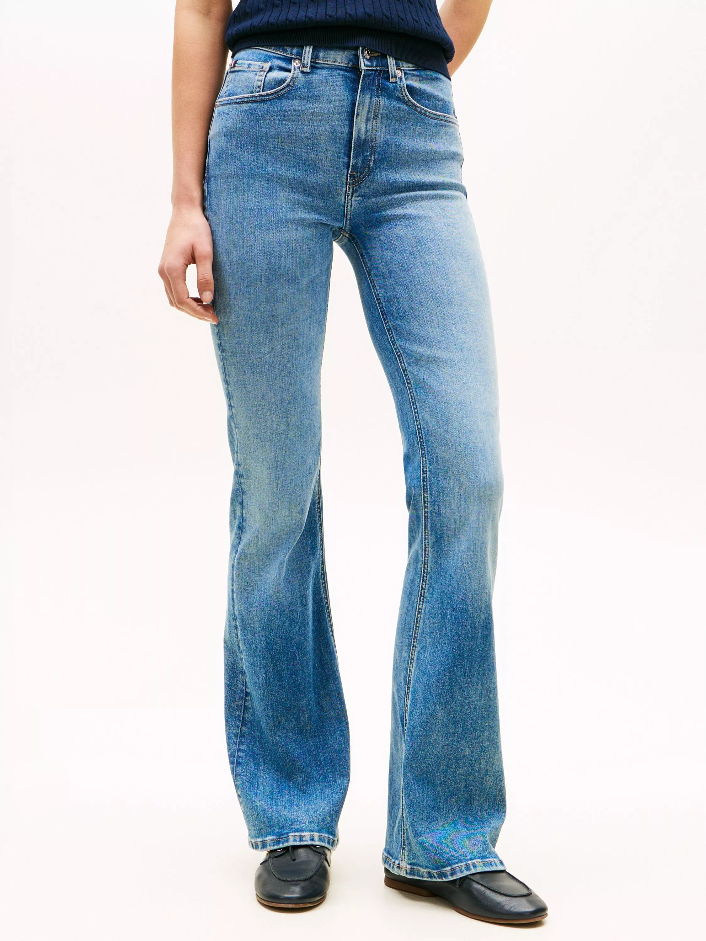 Tommy Hilfiger Finn Mid Rise Flared Jeans, Blue | John Lewis (UK)