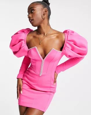 ASOS DESIGN puff sleeve diamante trim seamed mini dress in hot pink | ASOS (Global)