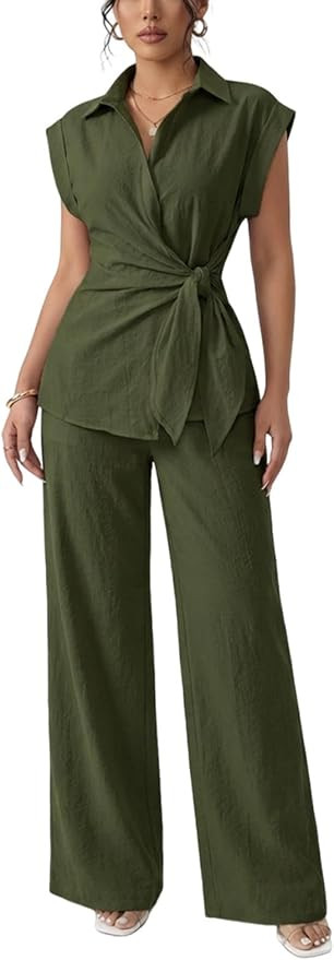 Volemo Women's Going Out Two Piece Sets Cap Sleeve Tie Waist Button Down Shirt Wide Leg Pants Dre... | Amazon (US)