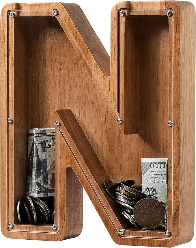 Piggy Bank for Kids Boys Girls, Wooden Large Letter Piggy Bank Alphabet Money Bank with Initial N... | Amazon (US)