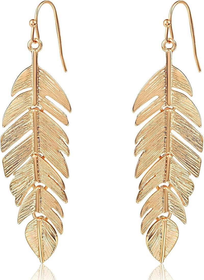 Humble Chic Feather Earrings for Women - Long Hanging Boho Leaf Earrings in Gold, Silver, or Rose Go | Amazon (US)