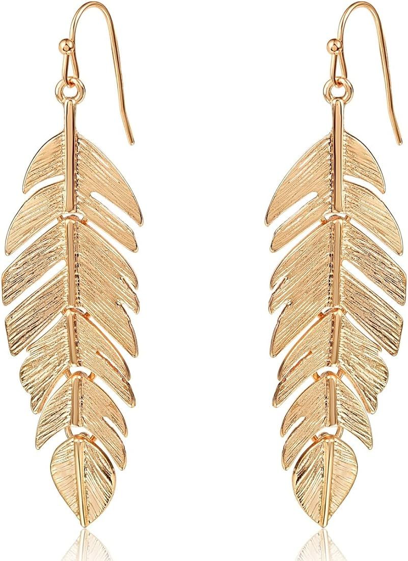 Humble Chic Feather Earrings for Women - Long Hanging Boho Leaf Earrings in Gold, Silver, or Rose Go | Amazon (US)
