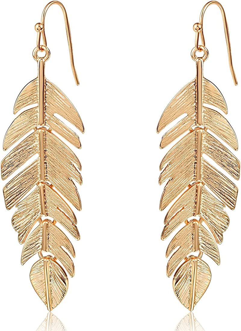 Humble Chic Feather Earrings for Women - Long Hanging Boho Leaf Earrings in Gold, Silver, or Rose Go | Amazon (US)