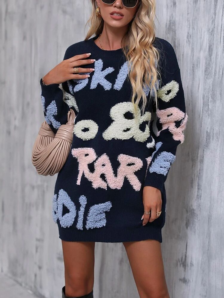 Letter Pattern Drop Shoulder Sweater Dress | SHEIN