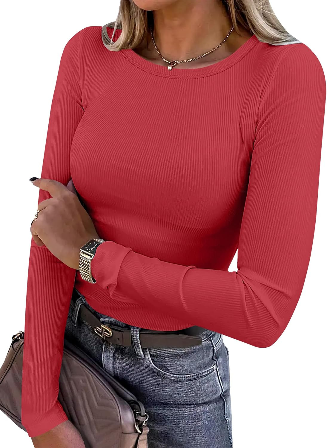 ANRABESS Women Long Sleeve Shirts Ribbed Fitted Tops | Amazon (US)