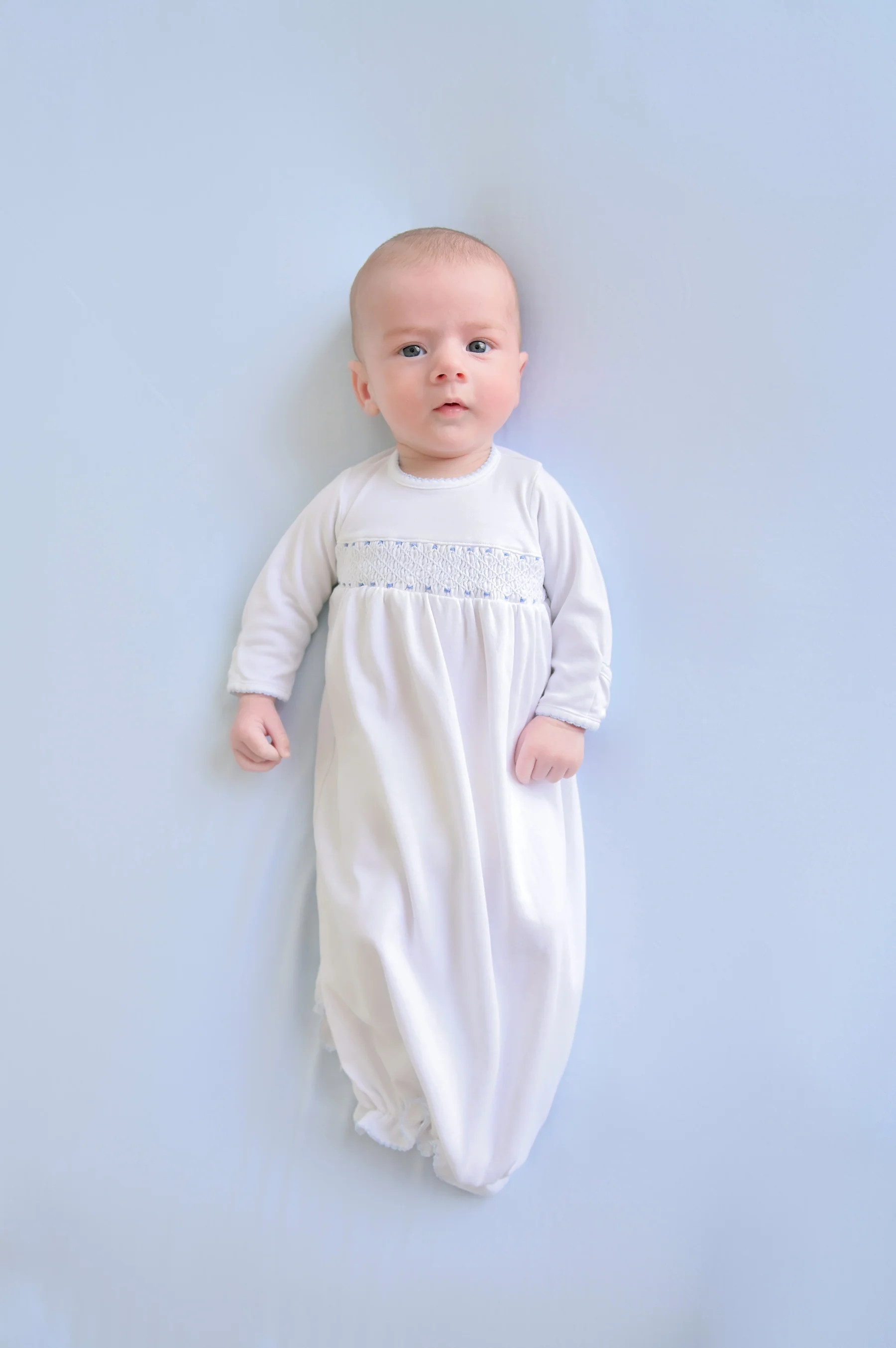 Sweetly Smocked Greeting Gown - Worth Avenue White with Buckhead Blue | The Beaufort Bonnet Company